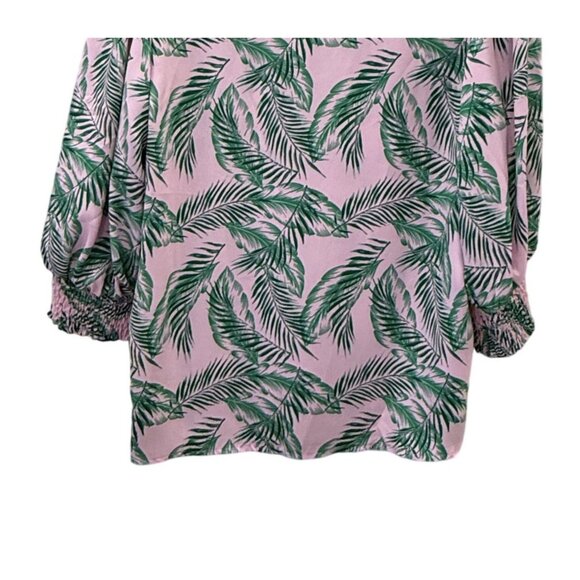 Maison Jules Womens Pink Green Palm Print Blouse 1X  3/4 Sleeves Smocked Details - Picture 3 of 7